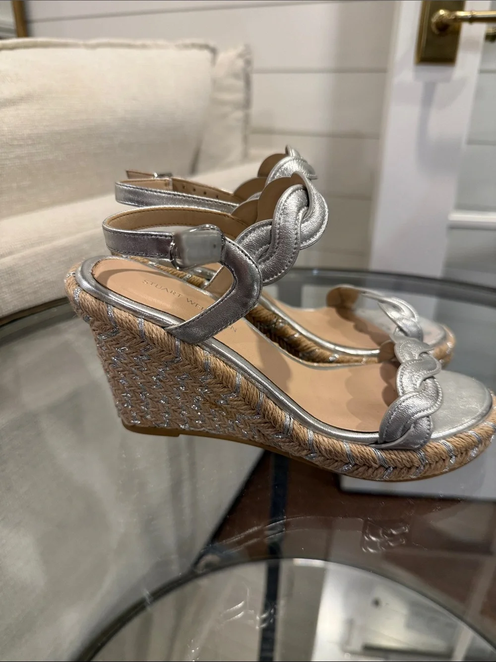 Stuart Weitzman Silver Braided Espadrille Wedge Sandals